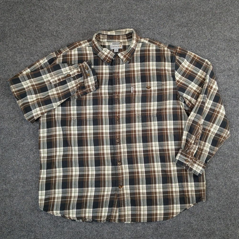 Carhartt Mens 2XL Casual Relaxed Fit Plaid LS Button Down Shirt Brown Fall 2015